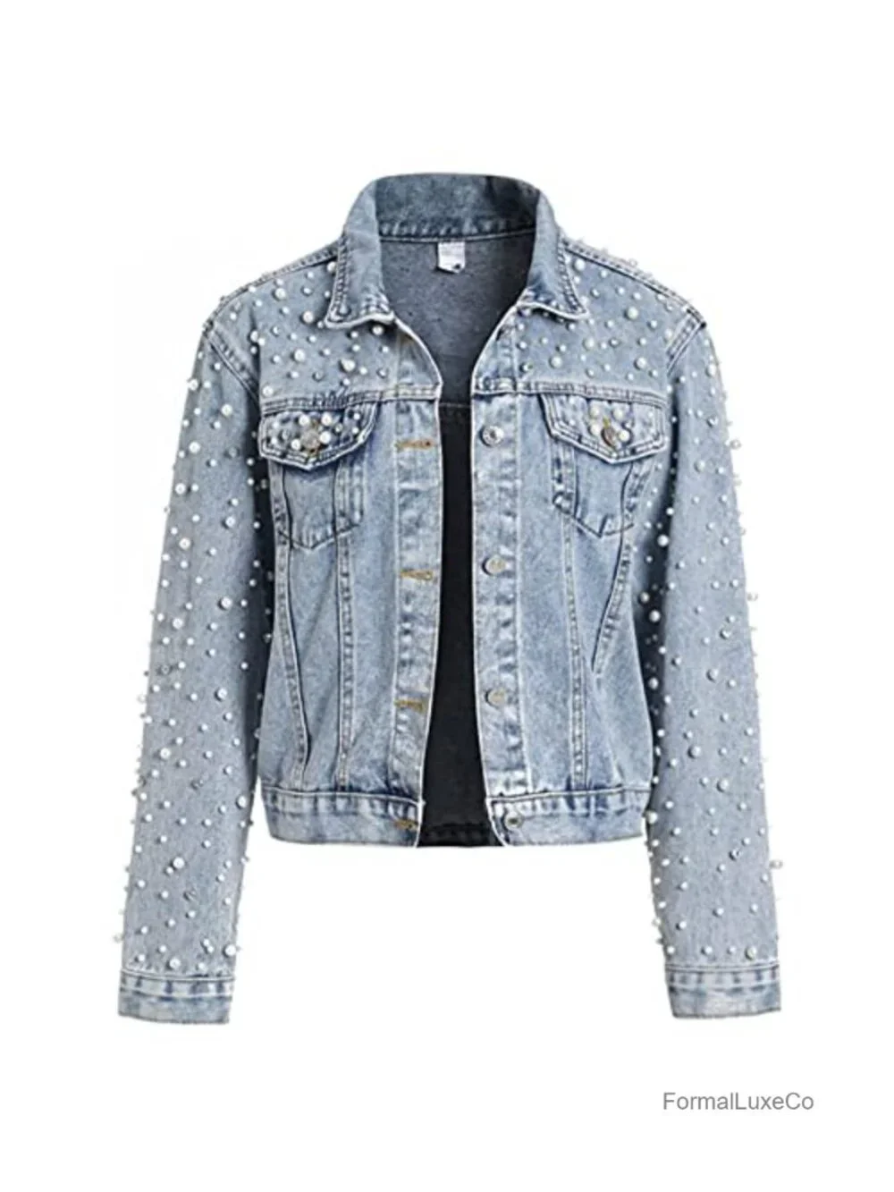 Cropped Denim Jacket Rhinestone Pearl Jean Jacket Coat